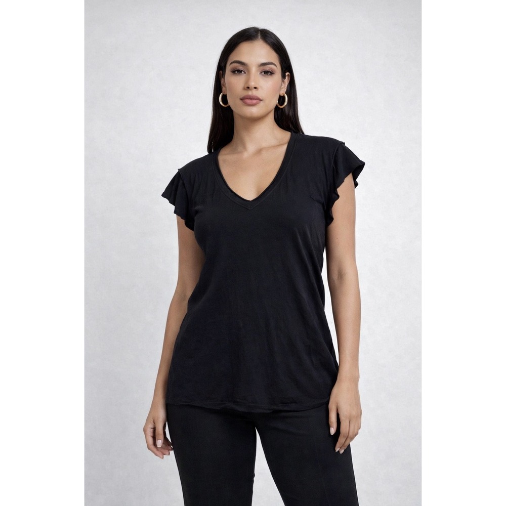 Maeve Anthropologie Black Ruffle Cap Sleeve V-Neck Tee Small